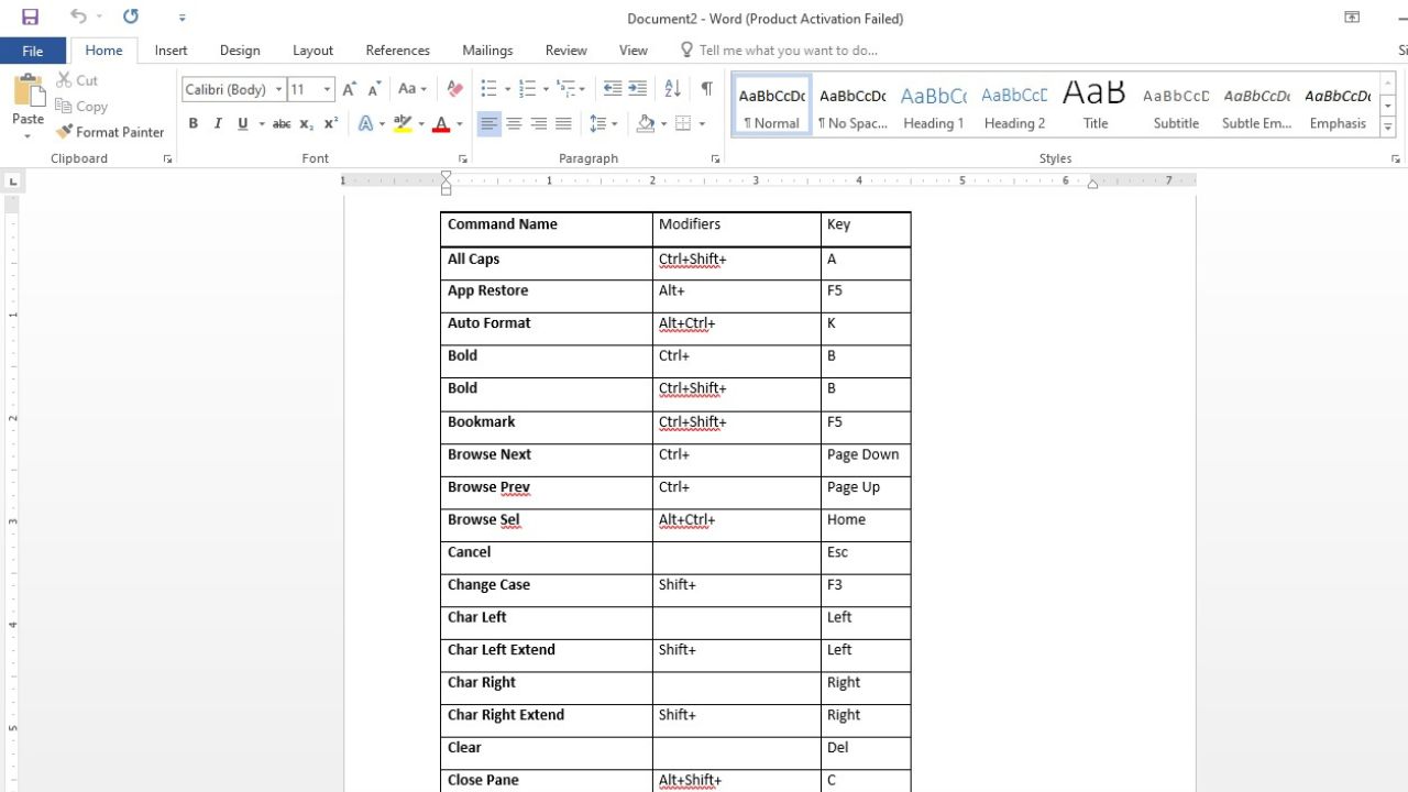 shortcut keys in ms word 6