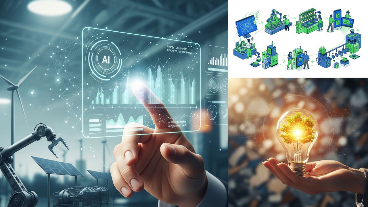 Hand interacting with a holographic interface showing AI data visualizations for energy optimization in sustainable technology.
