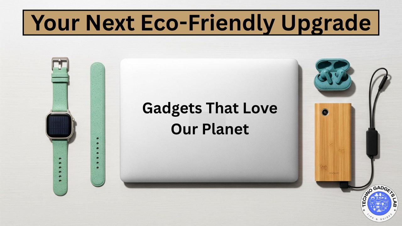 Flat lay of eco-friendly tech gadgets including laptop, smartwatch, earbuds, and charger on a wooden table.