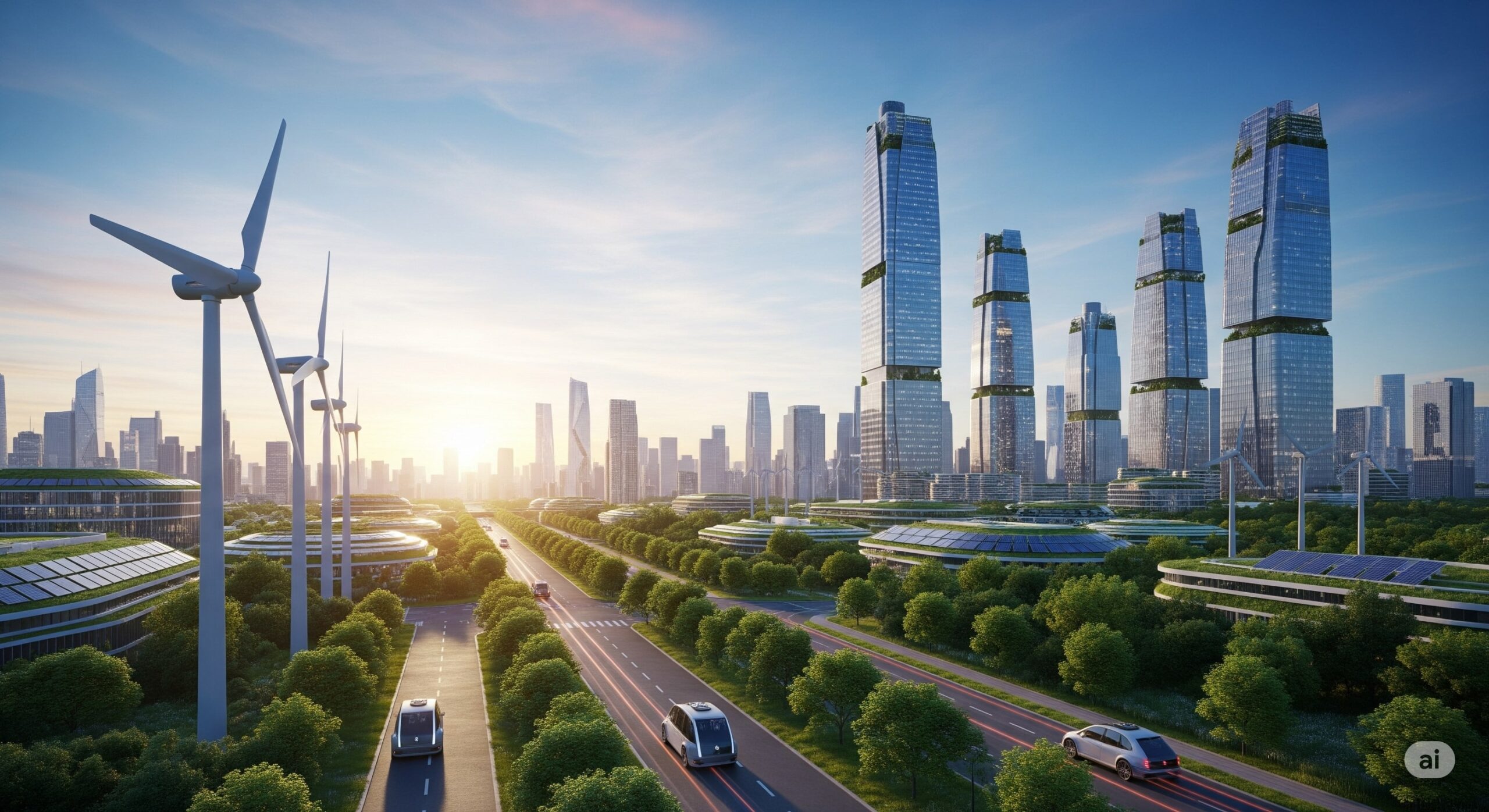 Futuristic city skyline with solar panels, wind turbines, electric vehicles, and vertical gardens, representing green tech.