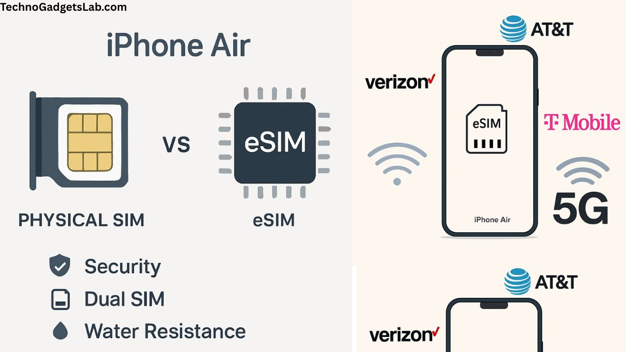 Infographic comparing physical SIM card and eSIM features in iPhone Air